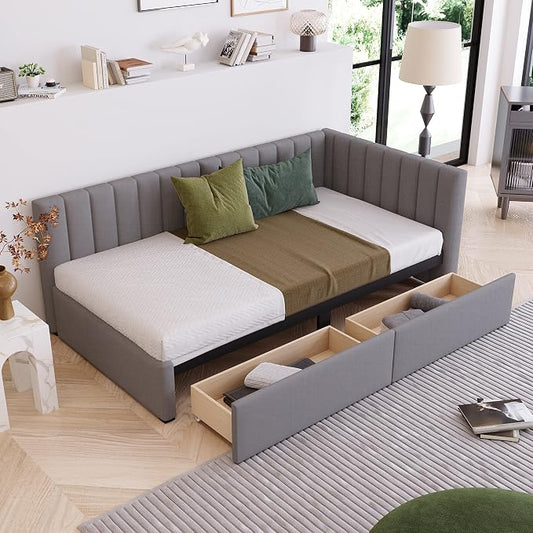 Merax Twin Size Upholstered Daybed with 2 Storage Drawers, Wooden Sofa Bed Frame, No Box Spring Needed, Linen Fabric, Gray