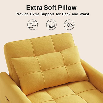Ahomly Convertible Sleeper Chair Sofa Bed with 3-in-1 Design, Adjustable Backrest, and Storage Pocket for Living Room, Yellow