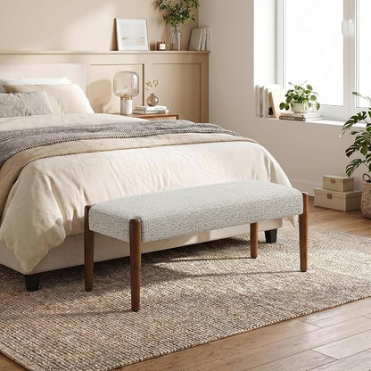 Usaint 42" End of Bed Bench, Modern Upholstered Bedroom Bench with Rubberwood Legs, Entryway Bench with Cushion, Dining Bench for Living Room, Bedroom, Light Brown with Walnut Leg