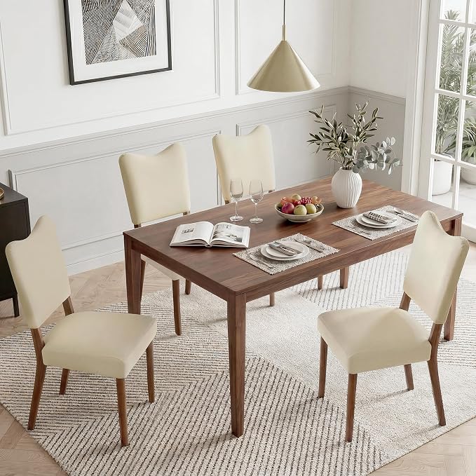 KISLOT Upholstered Dining Chairs Set of 2, Modern Velvet Kitchen Chairs with Solid Wood Legs, High Back Wooden Dining Room Chairs with Dark Walnut Color Legs for Farmhouse Kitchen Dining Room, Linen