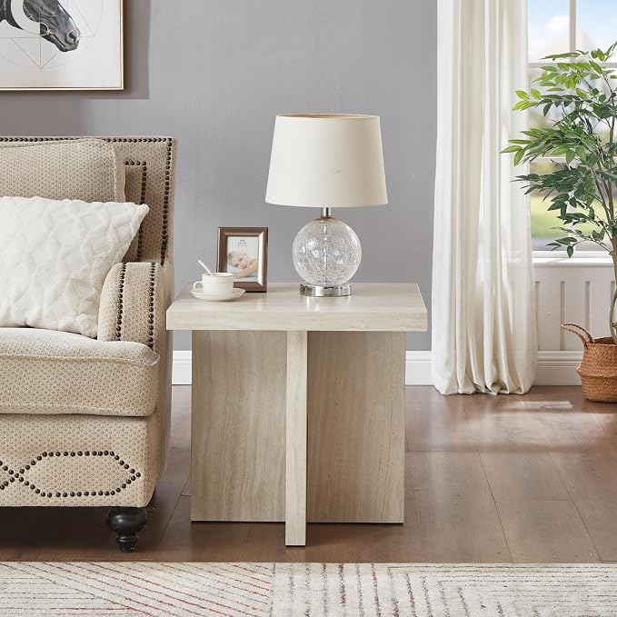 Roundhill Furniture Cavira Modern Faux Marble Living Room Side Table, Beige