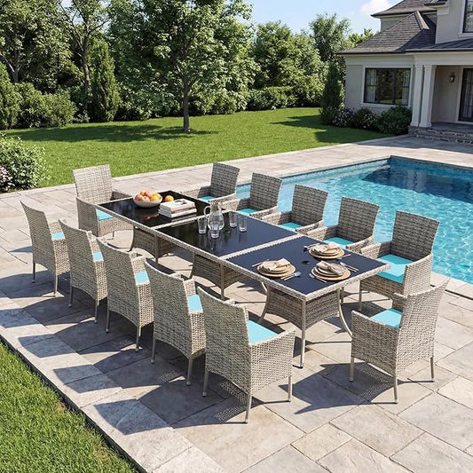 15-Piece Patio Dining Set, Patio Furniture Set with Square Tempered Glass Table & 12 Wicker Chairs, Expandable Design for Larger Groups, Outdoor Furniture for Backyard, Deck, Garden, Turquoise