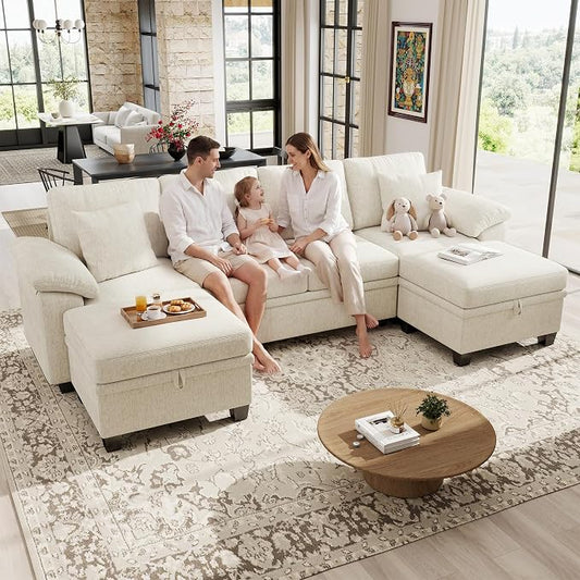 Ihanherry 108" Modular Sectional Sofa with Pull Out Bed, 6-Seater U Shaped Sectional Sleeper Couch with Storage Ottoman, Chenille Convertible Couches for Living Room, Apartment (Beige)