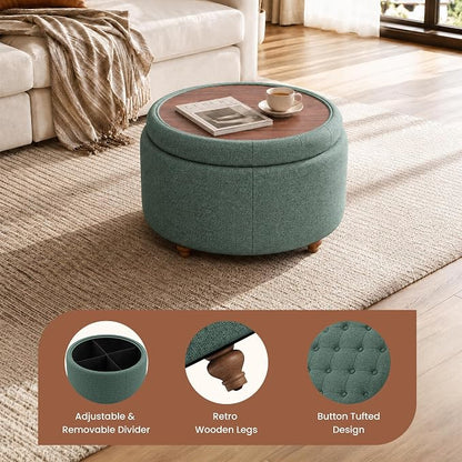 25Inch Round Ottoman with Storage, Tufted Fabric Modern Circle Ottoman with Reversible Tray Lid and Wood Legs, Multi-Functional Small Coffee Table for Living Room, Bedroom, Green