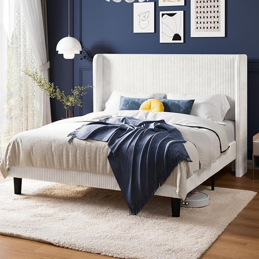 Allewie Full Size Bed Frame with Upholstered Wingback Headboard, Vertical Channel Tufted Corduroy Velvet Platform Bed, Strong Wooden Slats Support, No Box Spring Needed, Easy Assembly, Sturdy, White