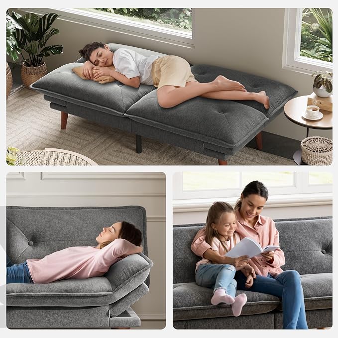LINSY HOME Futon Sofa Bed, 70" Chenille Futon Couch with Adjustable Backrest Armrest, 3 in 1 Convertible Comfy Loveseat Sleeper Sofa Bed for Small Spaces Dorm Room Apartment Home Office(Dark Grey)