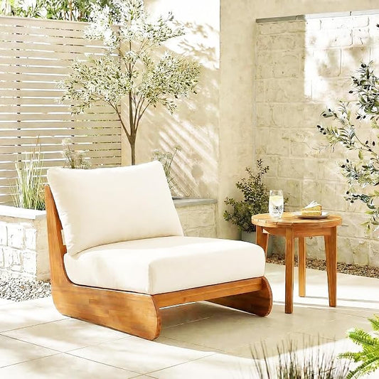 Merax Outdoor All-Weather Acacia Wood Single Sofa with Cushion, Patio Lounge Chair for Porch, Lawn, Backyard, Balcony, Beige +Teak