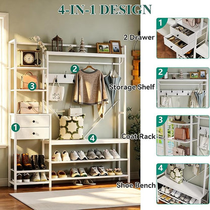 Gyfimoie 7-in-1 White Hall Tree with Bench and Shoe Storage, 55" Wide Entryway Coat Rack with Shoe Storage Shelves & Drawers, Mudroom Bench with Seating and Hooks for Hallway, Entrance