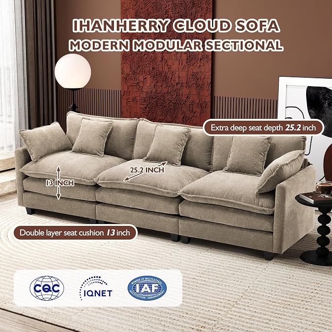 Ihanherry 111.4 Inch 3-Seater Cloud Sofa, Modular Sectional Couch, Modern Deep Seat Sofa for Living Room, Comfy Double Layer Upholstered Seat Cushion, Breathable Chenille Fabric,Sand