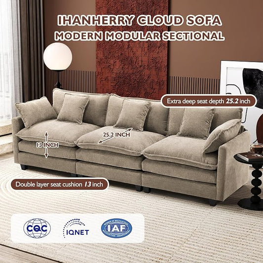 Ihanherry 111.4 Inch 3-Seater Cloud Sofa, Modular Sectional Couch, Modern Deep Seat Sofa for Living Room, Comfy Double Layer Upholstered Seat Cushion, Breathable Chenille Fabric,Sand
