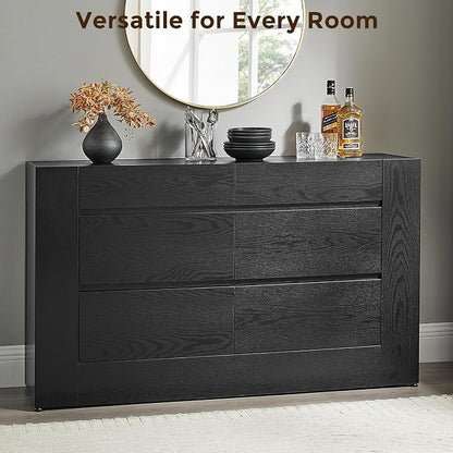 OKD 6 Drawer Dresser for Bedroom, 54" Wide Chest of Drawers with Thick Wood Design, Handleless, Modern Bedroom Dresser, Storage Organizer for Living Room/Entryway/Hallway, Black Oak