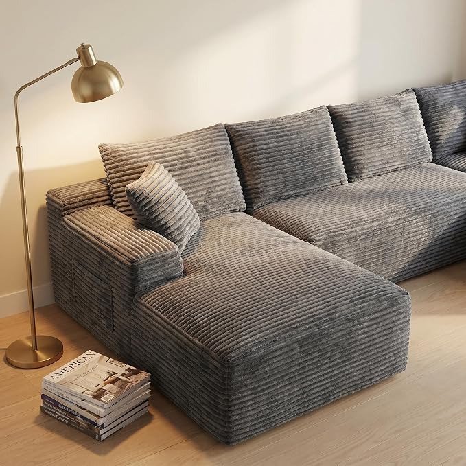 132" Oversized U-Shaped Cloud Sectional Couch Plush Corduroy Boneless Symmetrical Sofa, Front Facing Modular Compressed Boneless Sectional Sofa with Double Chaise Lounges
