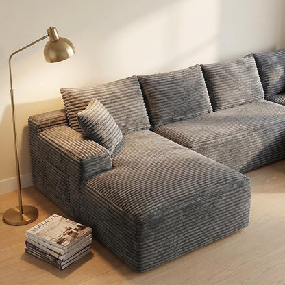 132" Oversized U-Shaped Cloud Sectional Couch Plush Corduroy Boneless Symmetrical Sofa, Front Facing Modular Compressed Boneless Sectional Sofa with Double Chaise Lounges