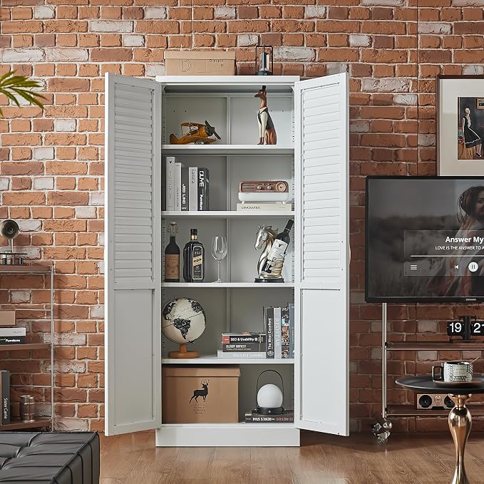 Metal Pantry Cabinet with 4 Adjustable Shelves for Kitchen Storage | Seamless One-Piece Louver Door with Furniture-Style Appeal,Stress-Free Assembly,Stable Design with Floor Protection