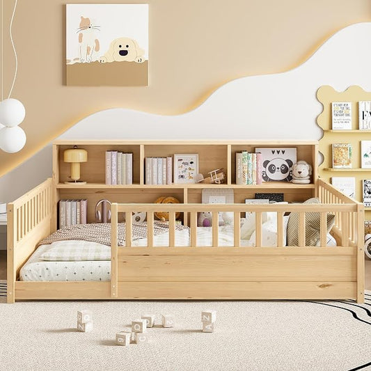 Bellemave Full Size Montessori Floor Bed with Bookcase, Full Floor Bed with High Fence and Storage Shelves, Easy Assemble Montessori Beds Frame for Girls, Boys, Natural