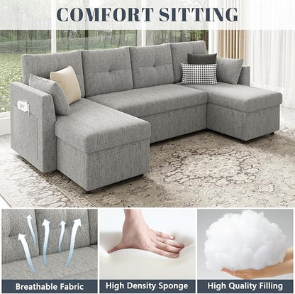Huatean Home Oversized Pullout Couch Bed, 110 inch 2 in 1 Sleeper Sofa Couch for Living Room, Sectional Sleeper Sofa Bed with Double Storage Chaise, Side Pockets, Light Grey