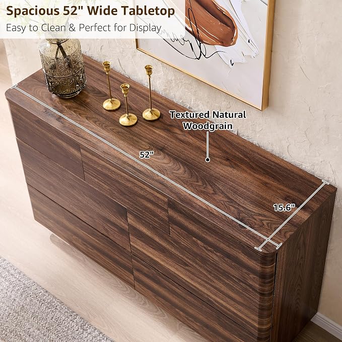 ACCOHOHO Modern 7 Drawer Dresser for Bedroom, 52" Wide Handleless Chest of Drawers, Large Push-to-Open Wood Storage, Dresser TV Stand for Bedroom, Living Room, Hallway, Curved Profile, Brown