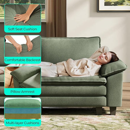 LINSY HOME 123'' Modular Sectional Sofa 3 Seat Couch Corduroy Cloud Couch with Deep Seat, Modern L-Shaped Cloud Couch with 1 Movable Ottoman for Living Room, Office, Bedroom, Green