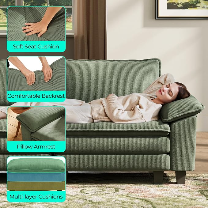 LINSY HOME 157'' Modular Sectional Sofa 4 Seat Couch Corduroy Cloud Couch with Deep Seat, Modern U-Shaped Cloud Couch with 2 Movable Ottoman for Living Room, Office, Bedroom, Green