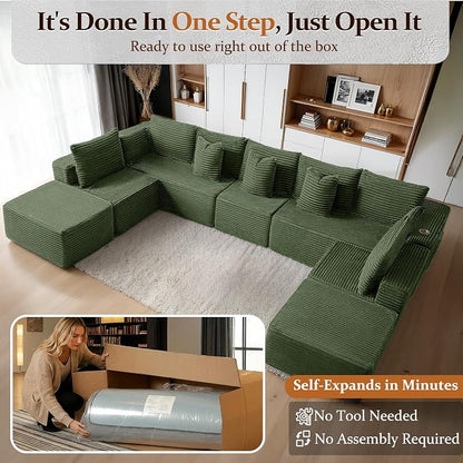 168" Cloud Sectional Couch, Comfort U Shaped Sofa for Living Room, Extra Deep Seats No Assembly, Minimalist Modular Couch, Corduroy (Olive Green, 9 Seats,U-Shape A)