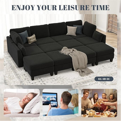 Sectional Sleeper Sofa, 8 Seaters Modular Sleeper Sofa Couch, Comfy Sectionals Couches Bed, Convertible Sofas with Ottomans, Modular Sectional Couches for Living Room, Black