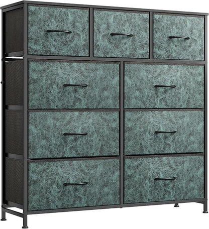 WLIVE 9 Drawer Dresser, Fabric Storage Tower for Bedroom, Hallway, Closet, Tall Chest Organizer Unit for Bedroom with Fabric Bins, Steel Frame, Wood Top, Easy Pull Handle, Vintage Green