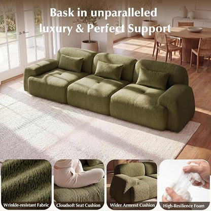 118'' Modular Sectional Cloud Couch Boneless Couches, Oversize Curved Sectional Couches for Living Room, Deep Seat Couch Lambswool Sofa with Ottoman & Throw Pillows, No Assembly, HR Foam