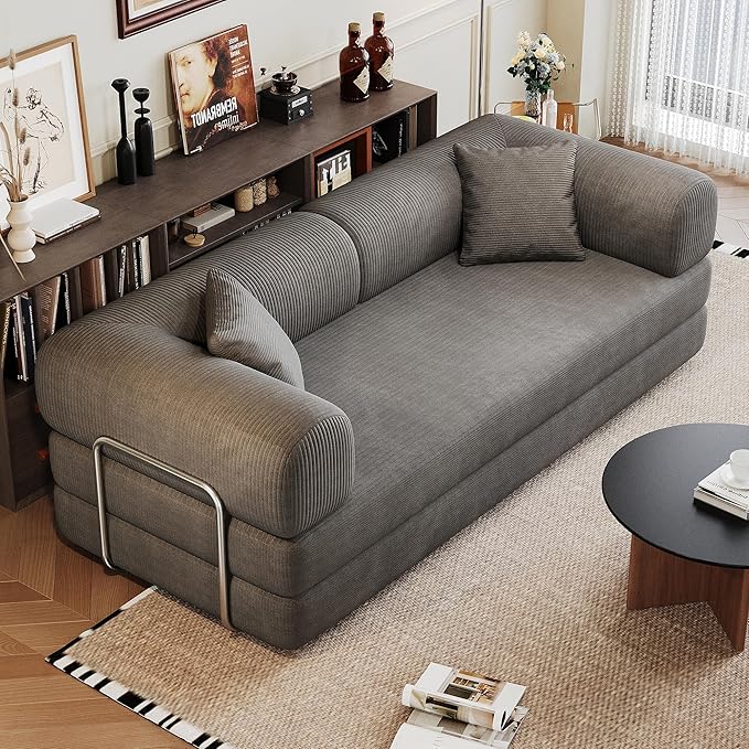 JINGLING 79" Queen Sleeper Sofa Bed with Memory Foam, Compressed Couch in a Box, Foldable Convertible Small Couches for Small Spaces Bedroom Game Room, Corduroy Fabric, Grey