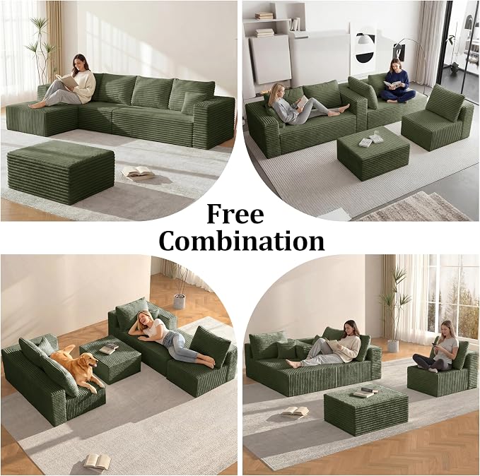 Boneless Couches Sectional Sofa, Compressed Sofa in a Box, U-Shaped Cloud Couch with Deep Seats & Chaise for Living Room, No Assembly Required (Green, 118" U-Shape with Right Facing Chiase)