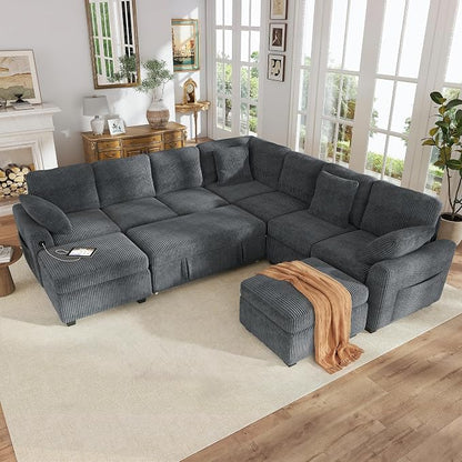 Hanherry 106" Sectional Sofa with Pull Out Couch Bed,7 Seat Corduroy Sleeper Sofa with 2 Seat Storage & USB Charging,Storage Ottoman,Comfy Modular Couches for Living Room,Apartment