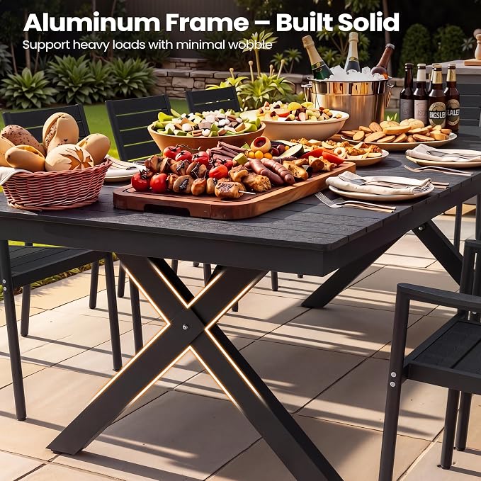 Pellebant Aluminum 11-Piece Outdoor Dining Table Set for 8-10 Person | Patio Stackable Chair with U-Shaped Wicker Backrest, 94" Table with Wood-Grain Top & Umbrella Hole, Aluminum Frame Furniture