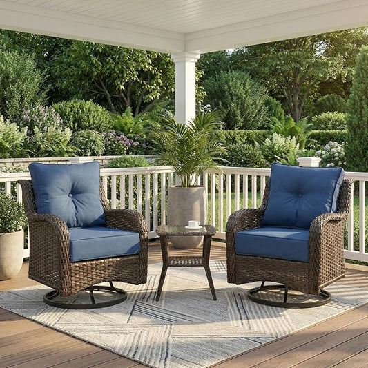 Patio Furniture Set, 3PCS Outdoor Wicker Conversation Set Porch Furniture with 6" Thick Cushions, High Back Swivel Chairs, Weather Resistant Olefin Fabric for Garden, Poolside, Navy Blue