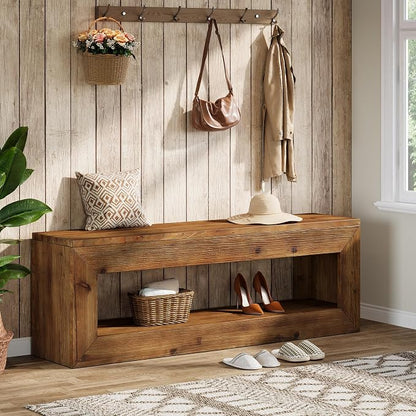 Solid Wood Entryway Bench, 47" Rustic Farmhouse Indoor Bench Seat with Storage Shelf for Entrance, Hallway, End of Bed