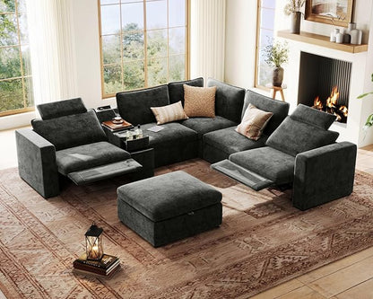 Oversized Modular Power Recliner Sofa Wall Hugger, Cloud Reclining Couch with Headrest, Storage Ottoman, Drawer Charging Cup Holder, Deep L-Shaped 6 Seater with Dual Electric Recliner, Chenille, Black