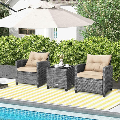 Tangkula 3 Pieces Wicker Patio Furniture Set, Outdoor Rattan Conversation Cushioned Chair Set with Tempered Glass Side Table, for Porch, Balcony and Garden
