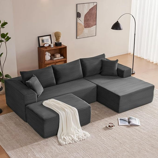 Mangodan 110” Cloud Sectional Couch, Boneless Sofa for Living Room, Modular Sectional Sofa with Deep Seat, Comfy Fluffy U-Shaped Couch with Right-Facing Chaise, No Assembly Required, Grey