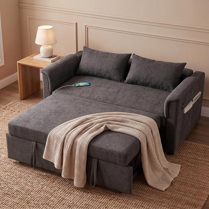 Sofa Bed, Pull Out Couch with Side Pockets, 3 in 1 Velvet Loveseat Sleeper Sofas Beds with USB Ports, Sofa Bed Couch with Adjustable Backrest for Living Room, Bedroom, Apartment, Gray