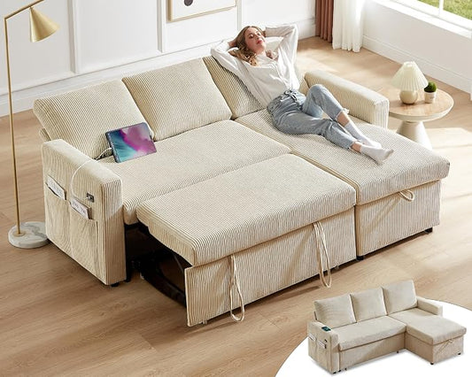 Vipbear 80" Sectional Sleeper Sofa Bed with Pull Out Bed, L Shaped Couch Pull Out Couch with Reclining Backrest, Reversible Storage Chaise, USB Ports, Tool-Free Assembly, Corduroy Beige