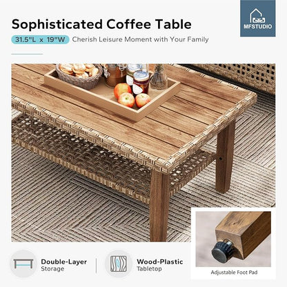 MFSTUDIO Wicker Patio Furniture Set, Rattan Outdoor Couch Sectional Sofa, 5 Pieces Patio Conversation Set with Acacia Wood Coffee Table, Outdoor Rattan Furniture Set for Garden or Balcony, Navy Blue