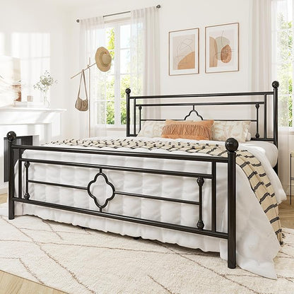 Allewie King Size Metal Platform Bed Frame with Victorian Vintage Headboard and Footboard/Mattress Foundation/Under Bed Storage/No Box Spring Needed/Noise-Free/Easy Assembly, Black