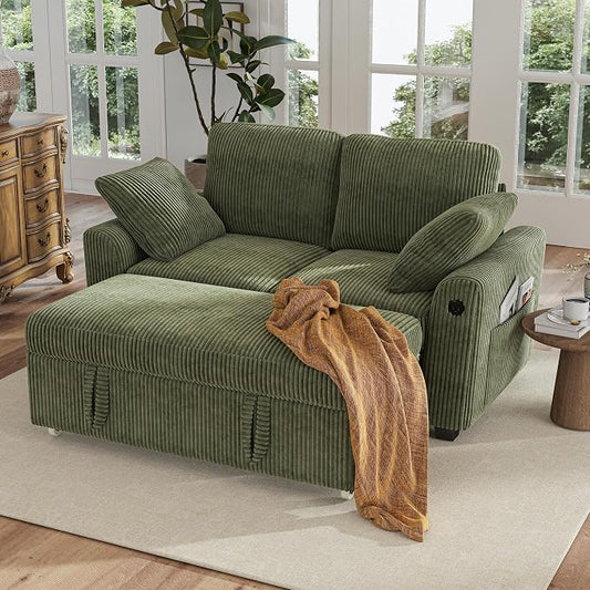 Hanherry 59" Loveseat Sofa with Pull Out Couch Bed, Corduroy 2-in-1 Convertible 2 Seater Sleeper Sofa with USB Charging,Comfy Love Seat for Small Spaces Living Room Apartment