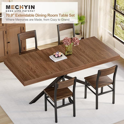 5-Piece Dining Table Set for 4 6 8, Large 55"-70.9" Extendable Dining Room Table Rectangle with Kitchen Chairs of 4, MDF Wood & Metal Frame for Apartment Kitchen Saving Space, Rustic Farmhouse, Walnut