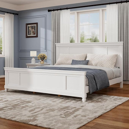 Merax King Size Bed Frame and Wood Headboard, Farmhouse White Platform Bed Frame with Sturdy Wooden Support Slats, No Box Spring Needed, Holds up to 800 Pounds, Noise-Free, Easy Assembly