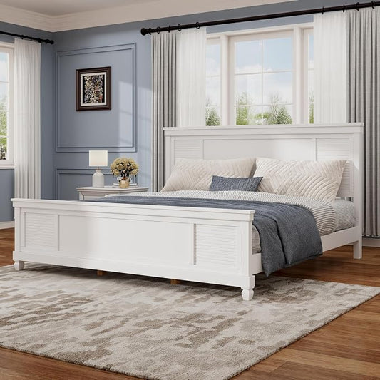 Merax King Size Bed Frame and Wood Headboard, Farmhouse White Platform Bed Frame with Sturdy Wooden Support Slats, No Box Spring Needed, Holds up to 800 Pounds, Noise-Free, Easy Assembly