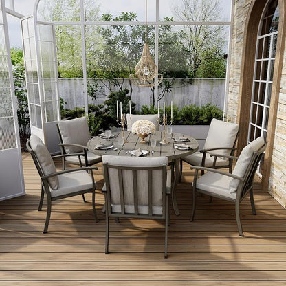 HAPPATIO Patio Dining Set, Aluminum Round Outdoor Dining Set for 6, 52" Round Dining Table with Umbrella Hole and 6 Chairs, Outdoor Table and Chairs with Removable Cushion for Lawn Yard Patio
