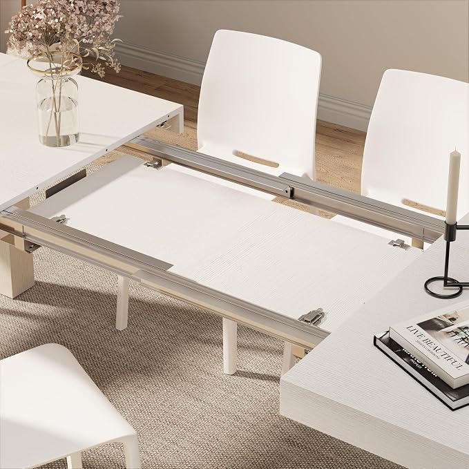 Mobili Fiver, Iacopo Extendable Dining Table, 55.1(86.6) x35.4 in, Ashwood White, for 6-10 People, Expandable Dining Table for Kitchen, Living Room, Italian Furniture