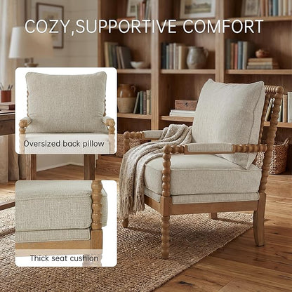 Morden Fort Linen Fabric Spindle Accent Chair with Wood Frame, French Style Accent Chairs with Padded Spring Seat and Armrest Pads, Brushed Base for Living Room Bedroom Farmhouse Office Balcony(Beige)