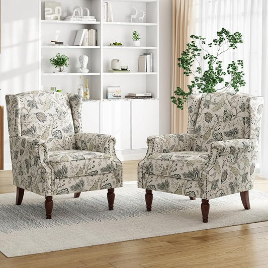 Pia Ricco Set of 2 Floral Accent Chairs, High Back Upholstered Armchairs with Retro Wingback Design, Nailhead Trim & Solid Wood Legs for Living Room Bedroom(Plants Beige)