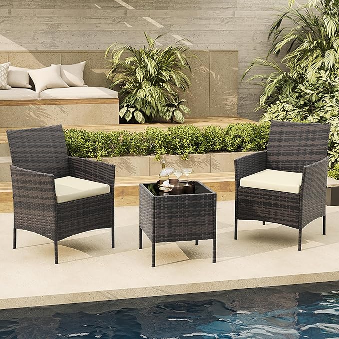 3-Piece Outdoor Furniture Set, PE Rattan Wicker Chairs with Soft Cushions & Tempered Glass Coffee Table - All-Weather Patio Set for Garden, Backyard, Porch, Poolside (Gradient Brown/Beige)
