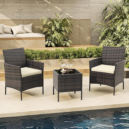 3-Piece Outdoor Furniture Set, PE Rattan Wicker Chairs with Soft Cushions & Tempered Glass Coffee Table - All-Weather Patio Set for Garden, Backyard, Porch, Poolside (Gradient Brown/Beige)